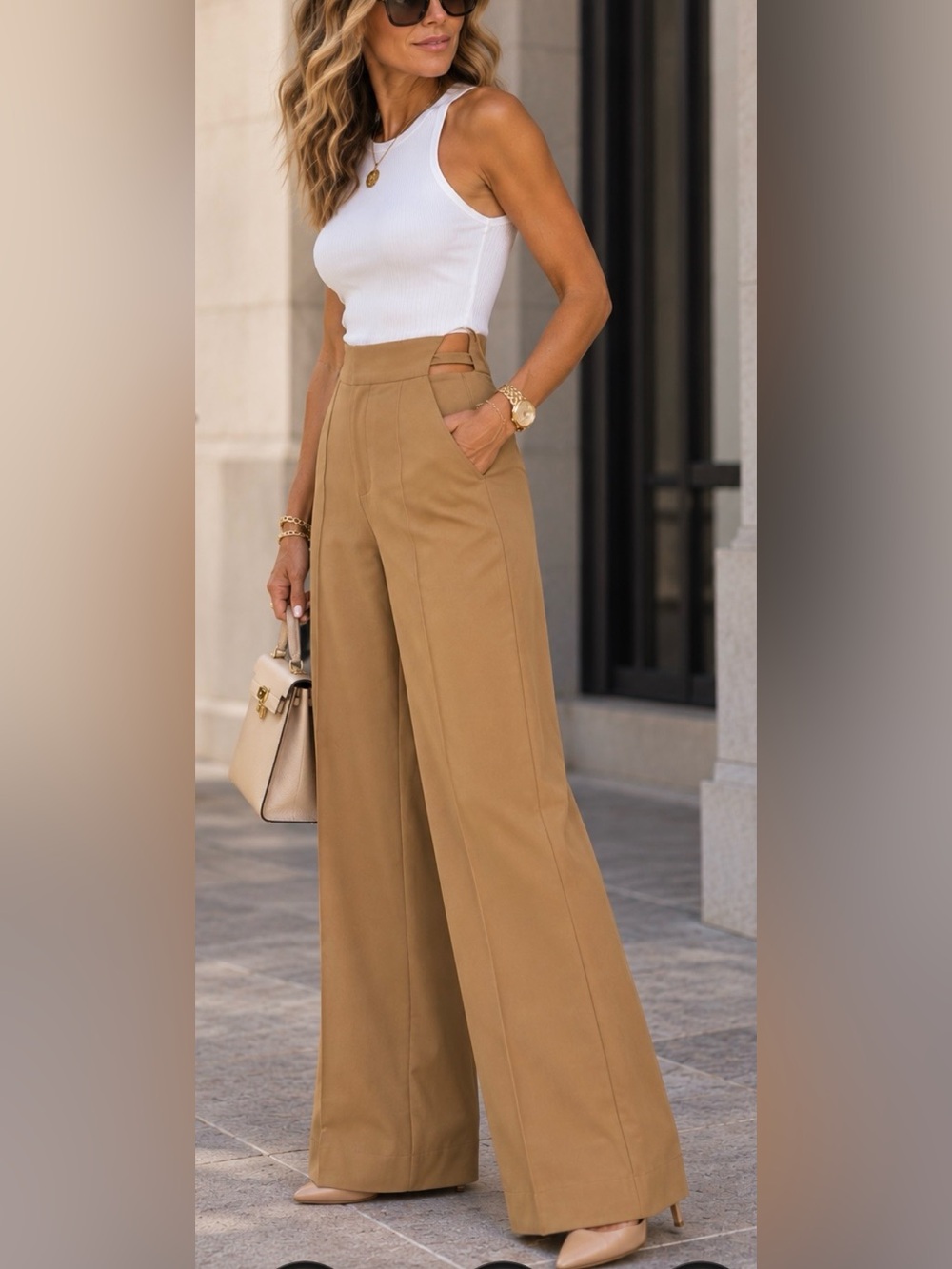 Avec Les Filles Camel Wide-Leg High-Waist Pants. Cut out waist new!